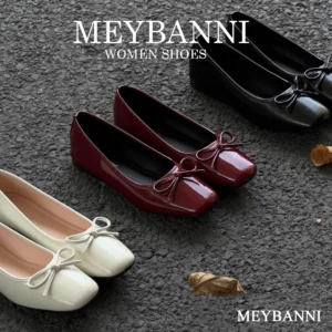 Giày Búp Bê MEYBANNI Mũi Vuông Đế Dẻo Da Mềm Phối Nơ Đi Êm Chân - C28