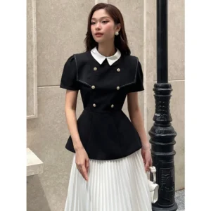 Áo Kiểu Peplum Tay Ngắn Cổ Trắng Phối Nút Bọc Sang Trọng - A2596